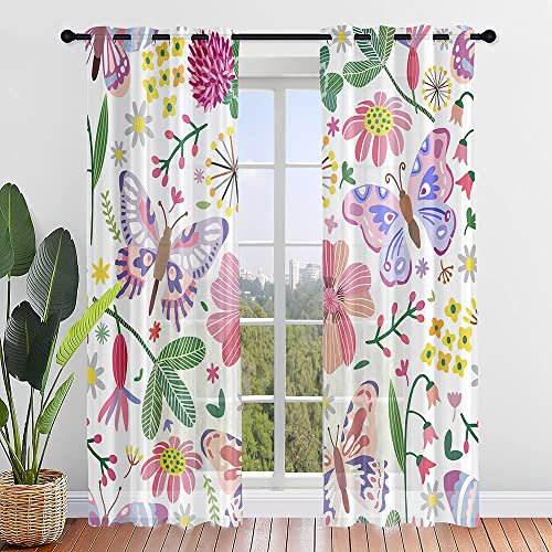 ENEN Vorhänge Wohnzimmer, Gardinen mit Ösen Halbtransparent Frühlingsblumen Gardinen Wohnzimmer, Schlaufenschal 2er Set für Kleine Fenster Küche Wohnzimmer Landhaus (Schmetterling,132x182cm)