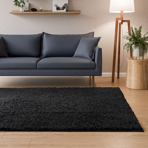 Interiyou Hochflor Teppich Sofia - 60x120 cm Schwarz - flauschig und einfarbig - waschbar und rutschfest - weicher Langflor