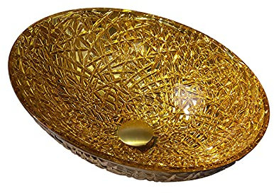 TEmkin Glas-Waschbecken, ovales Badezimmer-Waschbecken, goldenes, künstlerisches Waschbecken, Aufsatz-Waschtisch-Waschbecken mit Pop-Up-Ablauf, Montagering, 500 x 355 x 155 mm (Einzelwaschbecken)