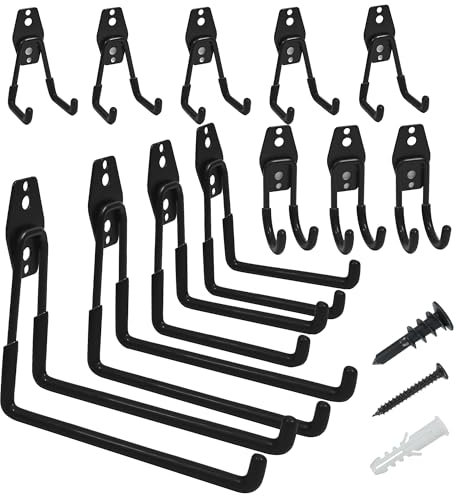 TECHSHARE Gancio da parete per garage, 12 pezzi di ganci per carichi pesanti da garage, 4 diverse dimensioni, doppi ganci per carichi pesanti per attrezzature da giardino, attrezzature sportive, scale