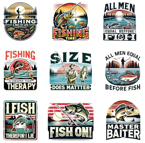 9pcs Fishing Life Iron On Decals Thermal Transfer Stickers for Clothing Appliqued Sublimation Patches Iron On Transfer Designs Heat Press Vinyl for Shirts Pillow Covers