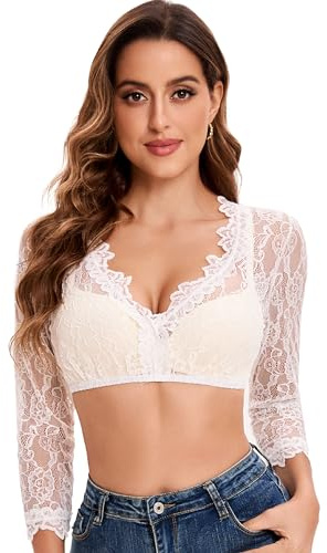 Goxozzy Dirndl Bluse, Camicia Dirndl Donna, Camicia Bavarese Donna, Camicetta Dirndl in Pizzo,Bluse Dirndl Elegante con Scollo a V (IT, Numero, 38, Regular, Regular, Manica a 3/4, Bianco)