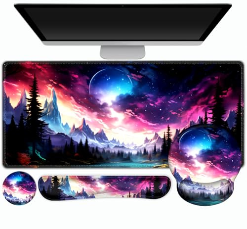 Gaming Mouse Pad, Large Desk Pad, Cute Desk Pad, 4 in 1 XXL Mouse Pad + Keyboard Wrist Rest + Mouse Wrist Rest + Coaster Set with Ergonomic