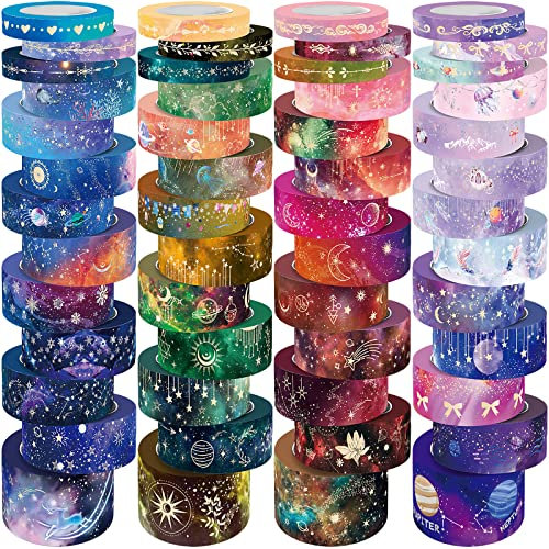 Biuunsf 52 Rollen Washi Tape Set, Goldfolie Galaxy Washi Tape für Journaling Supplies, 4 Größen Washi Tapes für Scrapbooking, DIY Journal Set, Handwerk, Geschenkverpackung, Malerei