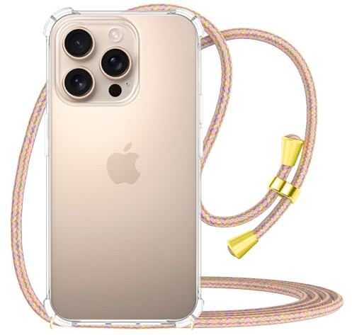 CAROKI Crossbody Case for iPhone 16 Pro,Necklace Mobile Phone Cover with Cord Strap Clear Transparent TPU Soft iPhone 16 Pro Cover Holder with Neck Cord Lanyard Strap-Rainbow