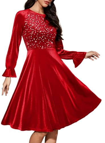 Bbonlinedress Sammet paljett cocktail långärmad klänning för kvinnor sammet vintage bröllop gäst midi-klänning, Röd, S