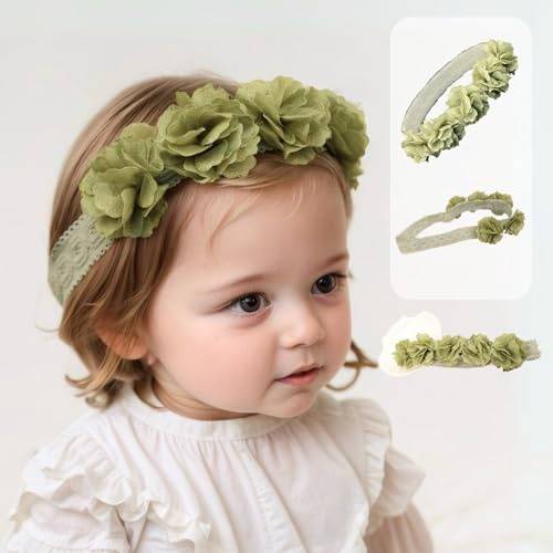 Rannyrena Cute Lace Flower Baby Girls Headband Elastic Floral Head Wrap Baby BirthdayTurban Hairband for Newborn Infant Toddler Kids (Green A, Adjustable)
