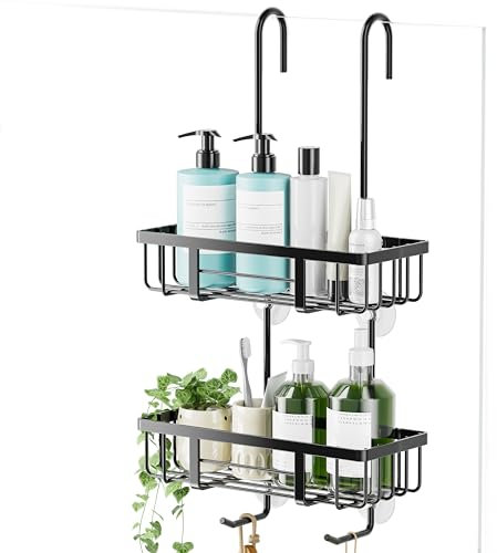 jockcaras Duschablage Zum Hängen Duschregal Ohne Bohren Shampoo Halterung Für Dusche Glastür Duschkorb Shampoo Duschgel Halterung mit 2 Duschkörben 2 Haken Für Duschwand aus Edelstahl Schwarz 32x57cm