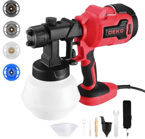 Paint Sprayer Gun 700W HVLP: DEKOPRO Electric Spray Paint Gun, Easy to Clean for House Painting Furniture Cabinets Fence Walls Door Garden Chairs, 4 Nozzles and 3 Patterns Red
