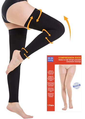 20-30 mmHg Medizinische Kompressionsstrümpfe Damen & Herren Klasse 2, Zehe Lang Stützstrümpfe Thrombosestrümpfe mit Silikonband für Krampfadern Ödeme Flug (Schwarz, L)