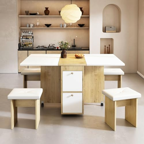 Merax Essgruppe, Klappbarer Esstisch 120 x 80 x 75 cm mit 4 Stühlen, für Esszimmer, Wohnzimmer, Weiß + Eiche