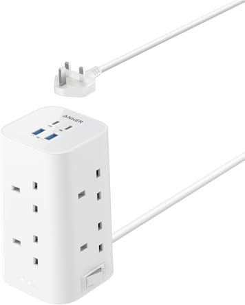 Anker Tower Extension Lead with USB Slots, 12-in-1 Surge Protector Plug Extension Socket with Switch (13A, 2990W), 20W USB C Fast Charging Power Strip, 8 AC Outlets, 4 USB Ports, 2m Extension Cable