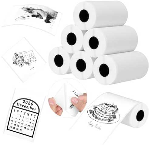 Lot de 6 rouleaux de papier thermique pour imprimante - 53 x 28 mm - Blanc - Pour journal, notes d'étude, impression photo