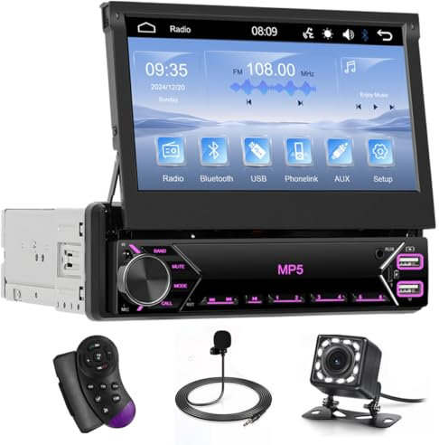 Hikity Bluetooth Autoradio 1 Din con Touchscreen Capacitivo Pieghevole da 7 Pollici, FM Auto Radio con Telecamera Posteriore, USB, AUX, TF, SWC, Supporto Link Mirror per Telefono Android iOS