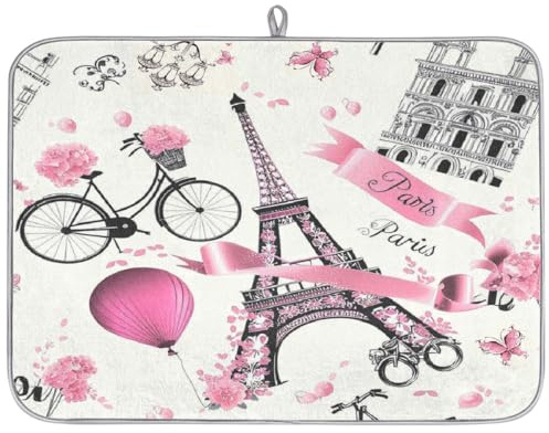 Flower Paris - Tapete de secado de platos para encimera de cocina, torre Eiffel de París, tapete absorbente para máquina de café, tapete escurridor de platos de microfibra antideslizante, 18 x 24