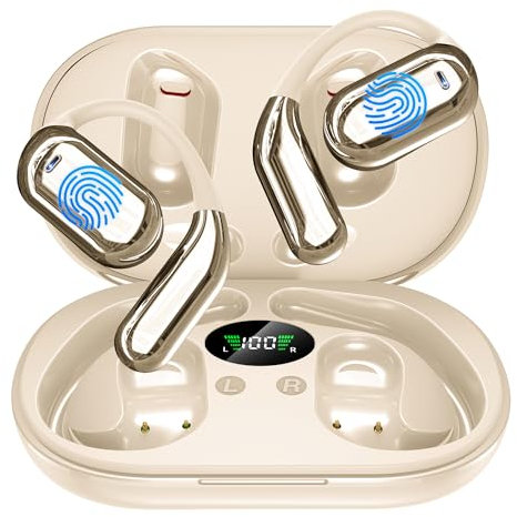 EUQQ Cuffie Bluetooth 5.3, Sports Auricolari Clip Orecchio Cuffie Senza Fili con 4 HD Mics e 50 Ore di Riproduzione per Correre Fitness, IPX7 Impermeabile, Compatibili con iOS e Android, Khaki (2025)