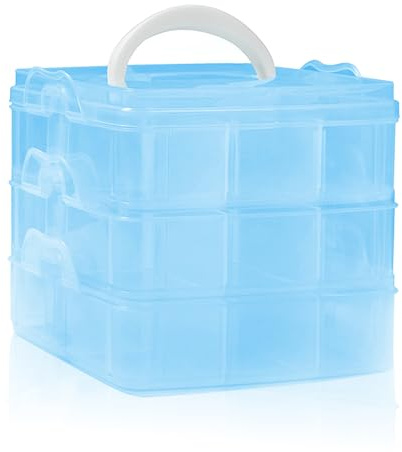 SacJkt Craft Storage Box, Compartments Divider Organizer (Blue) | 3 Layers 18 Compartments Transparent Detachable Storage Box with Handle for Crafts, Jewelry, Toy, Sewing Accessories