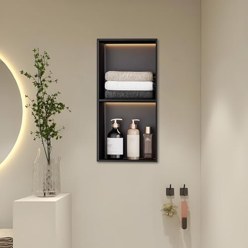 Baodiale Nicho de Ducha con luz LED Acero Inoxidable Negro Mate Nicho de Pared Empotrado en el baño No se requieren Azulejos para el Almacenamiento en el baño