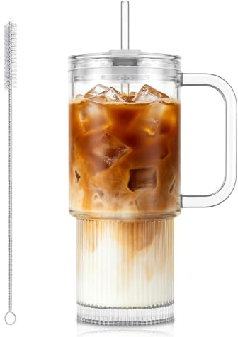 KEMORELA 768ml Glasbecher mit dichtem Deckel & Strohhalm - spülmaschinengeeignet, auslaufsicher, perfekt für Smoothies, Eiskaffee, Milchshakes und Limonaden, ideal für Büro, Zuhause und Auto (1)