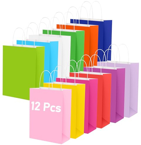 Hiziwimi 12 Stück Papiertüten mit Henkel, 16x8x22cm 12 Farben für Geschenke | Kraftpapier, bunt, kleine Geschenktüten, Papiertragetaschen für Partys, Weihnachten, Feiern, Hochzeiten, small party gift bag