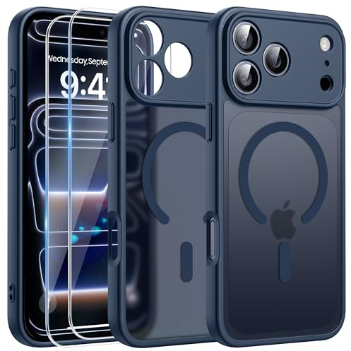 FLLAO 3 in 1 Magnetic Case for iPhone 17 Pro with 2X HD Screen Protector, Compatible with MagSafe, Slim Shockproof Military-Grade Drop Protection, Translucent Matte Hard Back Bumper Cover, Blue | 2 Tempered Glass, Full Camera Protection, Military-Grade Shockproof, Slim Translucent Matte Hard Back Bumper Phone Cover