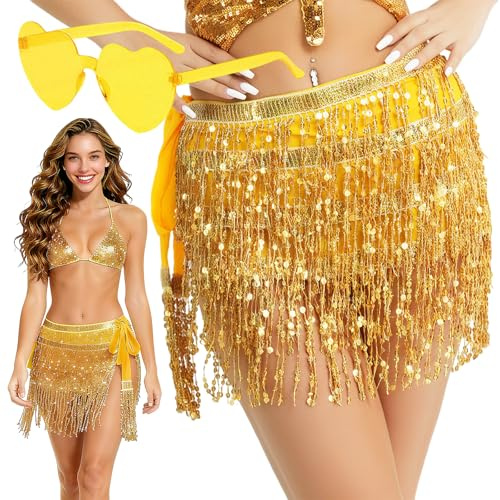 Putfoka Glitzer Rock Damen, Pailletten Rock und Brillen, Karneval Kostüm Pailettenrock für Mädchen, Rosa Silber Rot Schwarz Gold Blau Bauchtanz Hüfttuch Rave Outfit Damen