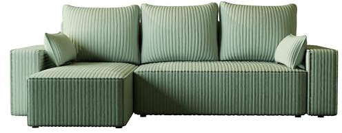 4ALL HOME Ecksofa mit Schlaffunktion Tobi 246x145 cm Cord - Couch - Eckcouch - Sofa mit Bettkasten - L-Form/XL-Form - Schlaffsofa - Schlafsofa mit Bettkasten - Universal (Felipo 17 Mint, L-Form)