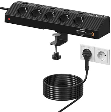 PASSUS Steckdosenleiste Flachstecker USB 65W, Verlängerungskabel 2M,Schwarz | 5Fach Mehrfachsteckdose, Einzeln Schaltbar Tischsteckdose Schreibtisch, USB-C Einziehkabel, Steckdose mit Überspannungsschutz