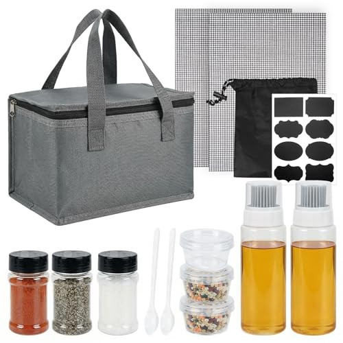 WORLUDE 15Pcs Camping Portable Spice Jars Set - Outdoor Sanuce Bottle Condiment Storage Container, Sauce Vinegar oil bottle, Seasoning Box, Mesh Grill Mat, Spoon Perfect for Outdoor BBQ Picnic Hiking