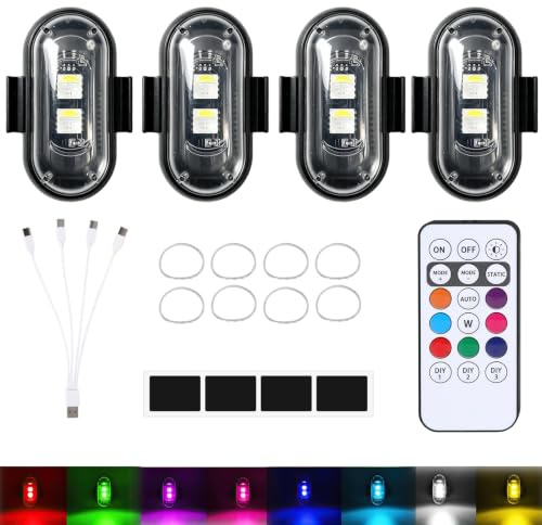 4 Pezzi Luce Stroboscopica LED Senza Fili Per Drone con Telecomando, 8 Colori Lampada Anti-Collisione LED Strobe Drone Light Ricaricabile per Auto Moto, Illuminazione Segnalazione Impermeabile IP65