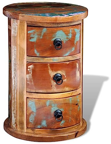 Yamxder Beistellschrank Altholz rund 30 x 30 x 45 cm mit 3 Schubladen aus Recycling Massivholz im Vintage Stil Robust & Langlebig für Wohnzimmer Flur Balkon und Büro