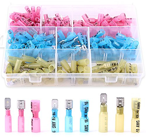Glarks 200pcs 22-16/16-14/12-10 Gauge Nylon Heat Shrink Waterproof Fully/Semi Female/Male Electrical Insulated Spade Quick Splice Crimp Terminals Connectors Mix Assortment Kit