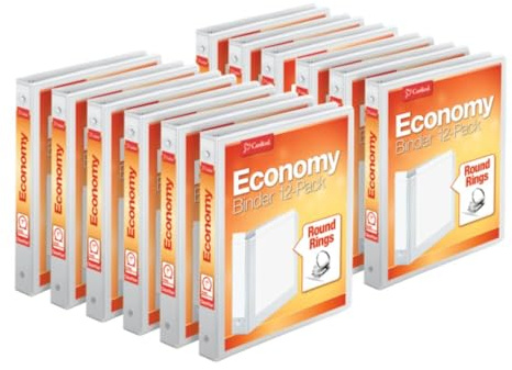 Cardinal 1 Inch 3 Ring Binders, White, 12 Pack, Round Ring Binder, Holds 225 Sheets, PVC Free, Customizable Covers, 2 Pocket View Binders for Office and School Organization