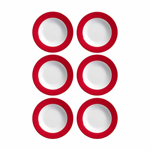 Ritzenhoff & Breker Doppio Suppenteller, 6er Set, Teller tief mit farbigem Rand, Essteller, Porzellan, Rot, Ø 22 cm, 515602