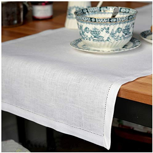 Linen & Cotton Hochwertiger und Eleganter Tischläufer Stoff/ Tischband mit Hohlsaum Florence - 100% Leinen, 43 x 130cm ( Weiß/ Weiss ), Ideal für Hochzeit Gastronomie