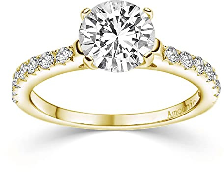 Verlobungsring Gold Damen mit Stein (15 Zirkonia Steine), Antragsring | mit Etui Gravur Ich liebe Dich, Silber 925 hochwertig vergoldet, Heiratsantrag Ring Verlobung Frau Gelbgold wie Diamant