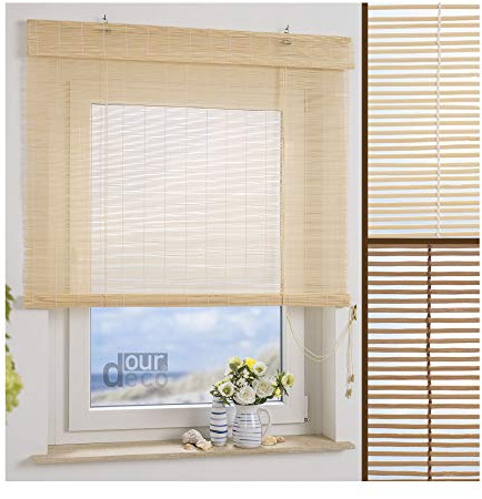 ourdeco® Bambusrollo / 60 x 160 cm (Breite x Höhe) Natur/lichtdurchlässig/optional Klemmen und Montage ohne Bohren/Decken- und Wandmontage gebohrt