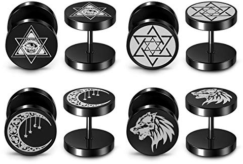 PiercingJak 4 Pairs Stainless Steel Black Stud Earrings Faux Fake Gauges Earrings Hexagram Wolf Moon All Seeing Eye Stud Earrings Cheater Fake Ear Plugs Gauges Illusion Tunnel
