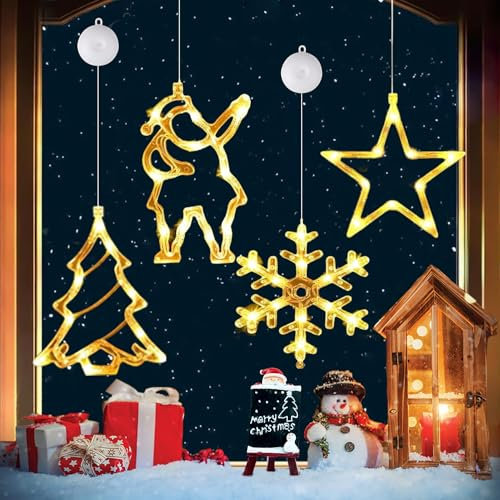4 Pezzi Decorative da Finestra Luci di Natale Bianca Calda Babbo Natale Luce Albero di Natale Campane Alce Appesa per Finestra con Ventosa a Batteria Decorazioni Natalizie Interne (Xmas Set B)
