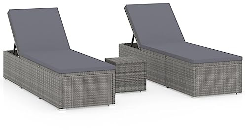 vidaXL Sonnenliege mit Teetisch 3-tlg. Gartenliege Gartenmöbel Liege Beistelltisch Relaxliege Strandliege Liegestuhl Freizeitliege Poly Rattan Grau