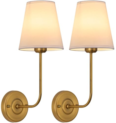 TERLEENART Hardwired Wall Sconce Set of 2 with Flared Shape White Textile Shade Curved Arm and Antique Brass Finish Metal Base,Perfect for Bedroom Living Room Bathroom Vanity Area