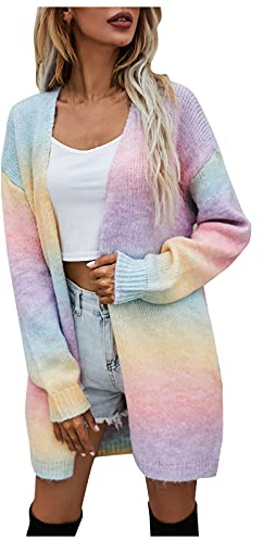 luohaibell Cardigan Longue Pull Tricot Femme Tie-Dye Arc en Ciel Gradient Color Manches Longues Casual Lâche Sweater Rose XL