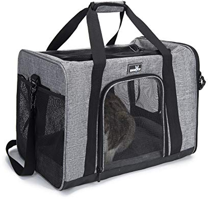 Wakytu Pet Carrier Bag for Small Medium Cats and Dogs, Foldable Cat Travel Carrier Bag with 5 Mesh Windows 3 Entrance, Soft-Sided Dog Carrier with Removable Pad