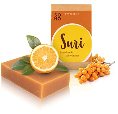 SOHO Naturkosmetik Savon douche « Suri » • Gel douche solide à l'argousier, à l'orange et à l'huile d'olive • Savon végétalien pour le corps et les mains (95 g)