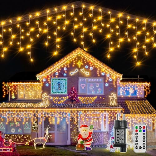 Ollny Eisregen Lichterkette Außen 15M 600 LED Weihnachtsbeleuchtung Außen mit Stecker Fernbedienung Wasserdicht 8 Leuchtmodi Lichterkette Außen Warmweiß für Balkon Dachrinne Fenster Haus Geländer