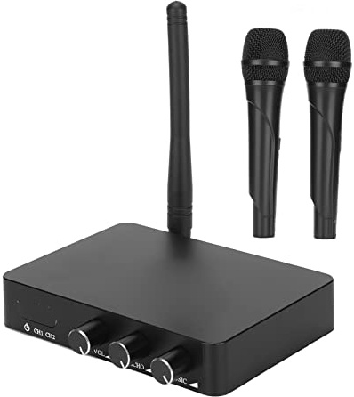 Système de Microphone sans Fil, Ensemble de Micro Dynamique sans Fil FM VHF Professionnel avec 2 Micros Portables, Système de Karaoké sans Fil, Longue Distance de 65,6 Pieds, Idéal pour L'église