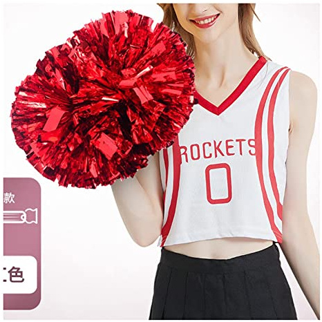 SHTGOI Cheerleading Pompons 2 Stück Metallic-Folie Cheerleading Pom Poms mit Handle Cheerleader Handblumen Cheers Blumenball für Sportveranstaltungen Ballspiele Tanzbedarf Rot