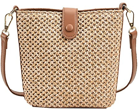 Sac à Bandoulière en Paille pour Femme - Sac de Plage Fait Main en Rotin - Sacs à Épaule en Rotin Tissé - Pochette en Paille avec Bandoulière en Cuir Tressé - Pour les Vacances, Taille unique