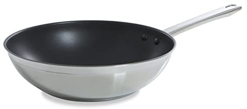 BK Wok de inducción de cerámica de acero inoxidable completo, 28 cm, sin PFAS, apto para lavavajillas, plata