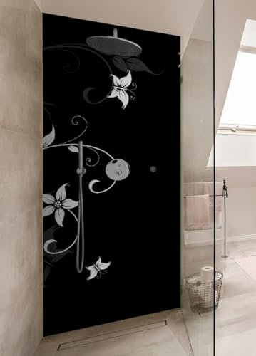 Wallario Selbstklebende Duschrückwand 80 x 190 cm mit Motiv Blumenranke in Schwarz-Weiß - Wandverkleidung Fließenersatz mit Hochglanzlaminat in Glasoptik